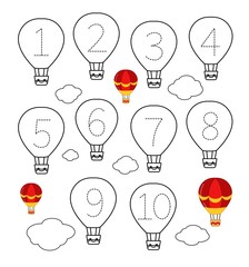 Handwriting practice sheet. Learning numbers 1-10. Educational game for children. Cartoon air balloon.