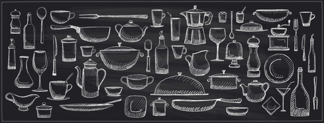 Chalk graphic doodle set of kitchen utensils and tableware