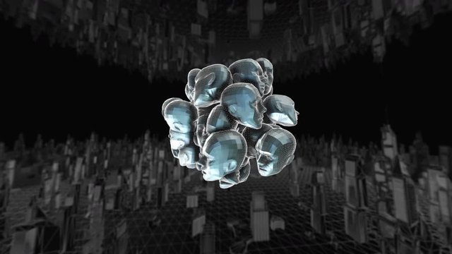 Geometric laser landscape with human faces. Seamless metal retro futuristic animation with shallow depth of field.