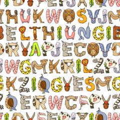 Fototapeta premium Animal alphabet. Zoo alphabet. Letters from A to Z. Cartoon cute animals. Elephant, dog, flamingo, giraffe, horse, alligator, bear, cat.