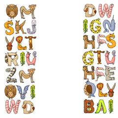 Fototapeta premium Animal alphabet. Zoo alphabet. Letters from A to Z. Cartoon cute animals. Elephant, dog, flamingo, giraffe, horse, alligator, bear, cat.
