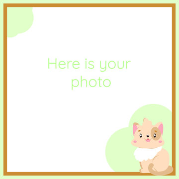 Vector frame for baby photography with a small cartoon cat. The frame is brown and green. At the bottom of the frame is a little kawaii kitty.
