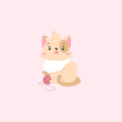 Vector flat illustration with cute kawaii kitten on a pink background. A small beige cat sits on its hind legs next to a pink ball of thread and smiles. Greeting card.