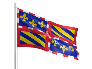 Bourgogne (Region of France) flag waving on white background, close up, isolated. 3D render