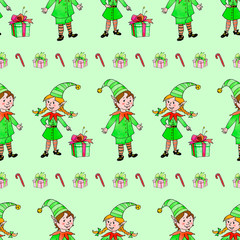 Light seamless pattern with Christmas elfes, gift boxes, candy cane, sweets. New year Xmas backgrounds and texture. Seamless color pattern for greeting cards, wrapping paper, textile, fabric, print