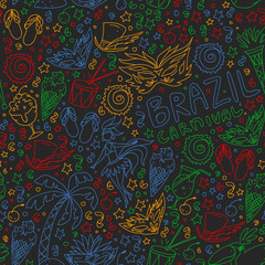 Brazilian vector pattern with palm, beach, sea, carnival. Brazil icons for posters and banners.