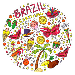 Brazilian vector pattern with palm, beach, sea, carnival. Brazil icons for posters and banners.
