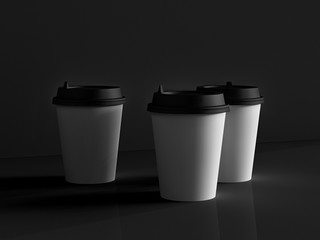 3d model of paper cups on the plane under natural light. Black background. 3d renderer.