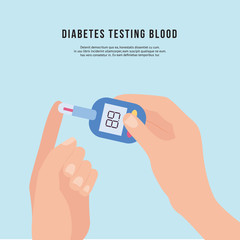 Hand holding diabetic blood tester or glucose meter flat vector illustration.