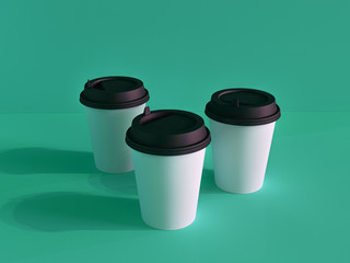 3d model of paper cups on the plane under natural light. Turquoise background. 3d renderer.
