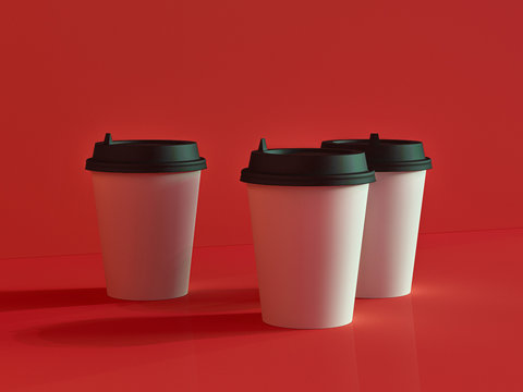 3d model of paper cups on the plane under natural light. Red background. 3d renderer.