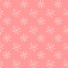 Seamless hand drawn pattern. White snowflakes on pink background. Winter New year and Christmas backgrounds and texture. Seamless pattern for greeting cards, paper, fabric, textile, prints, background