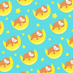 Vector pattern with kawaii cartoon sloths on a yellow moon on a blue background. Cute baby sloth sleeps on the moon and sees sweet dreams. Around shining yellow stars. Pattern for children's products.