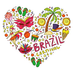 Brazilian vector pattern with palm, beach, sea, carnival. Brazil icons for posters and banners.