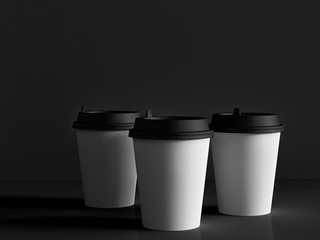 3d model of paper cups on the plane under natural light. Black background. 3d renderer.