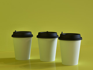 3d model of paper cups on the plane under natural light. Green background. 3d renderer.