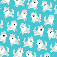 Vector pattern with kawaii cute dogs on a blue background. Joyful and happy cartoon puppies jump in different directions. Textiles for children's things.