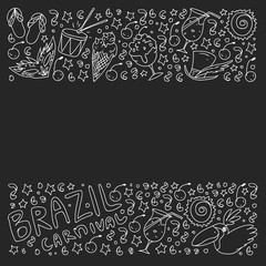 Brazilian vector pattern with palm, beach, sea, carnival. Brazil icons for posters and banners.