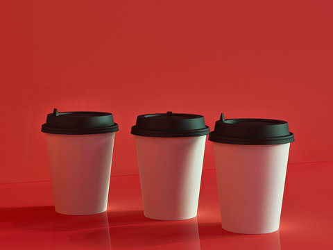 3d model of paper cups on the plane under natural light. Red background. 3d renderer.