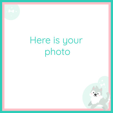 Vector frame for baby photography with a small cartoon dog. The frame is pink and blue. At the bottom of the frame is a cute puppy with a bone.
