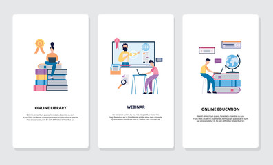Obraz na płótnie Canvas Set of online library, webinar and education concept cards flat vector illustrations isolated.