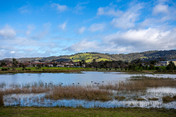 Landschaft mit See und Hügeln