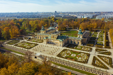 Aerial view of the colonnade and formal garden of the Royal Palace of Warsaw, the official palace of the King and Queen of Poland in the historical center.