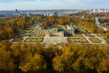 Panorama of the Royal Palace in Warsaw. Poland. 20.October. 2019. Aerial view Royal Palace in Warsaw. Autumn sunny day.