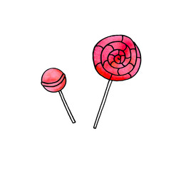 Watercolor candy cane, sweets, lollipop. New year Xmas  holidays line art, doodle, sketch, hand drawn. Simple color illustration for greeting cards, invitation cards, calendars, prints, childrens book