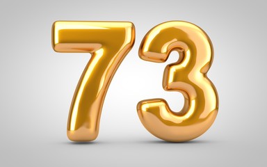 Golden metallic balloon number 73 isolated on white background.