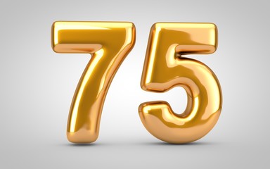 Golden metallic balloon number 75 isolated on white background.