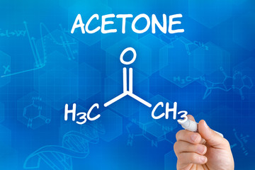 Hand with pen drawing the chemical formula of Acetone