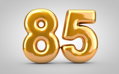 Obraz premium Golden metallic balloon number 85 isolated on white background.