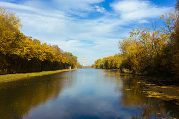 Epic aerial flight over water. Colorful autumn trees in the daytime. Drone flies along a river with yellow trees. Warsaw. Poland. Beautiful river view with autumn trees. 