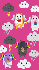 flying kitty pattern winged kawaii with cloud and rainbow 