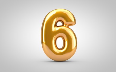 Golden metallic balloon number 6 isolated on white background.
