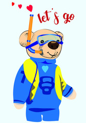 Scuba diver teddy bear drawing. A cute bear is about to dive into the water. Isolated object