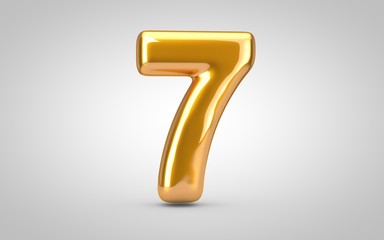Golden metallic balloon number 7 isolated on white background.