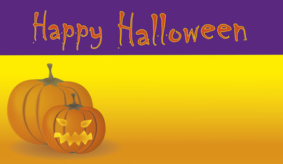 Gelborange Halloween Karte mit Kürbisgeist und violettem Banner und Text Happy Halloween.