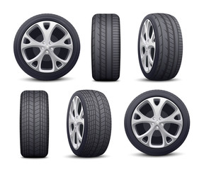 Automobile tires and wheels icons set realistic vector illustration isolated. © sabelskaya