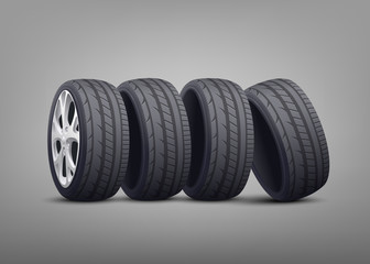 Stack of car tires and wheels photo realistic vector illustration on background. - obrazy, fototapety, plakaty