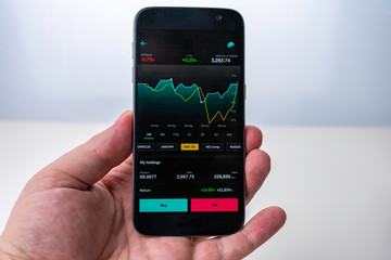 Hand holding a mobile phone with stock market graph of stock exchange data details with buy and sell buttons and white background. Business, stock market and money concept.