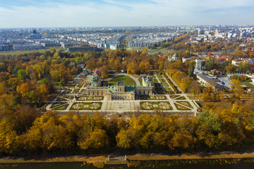 Royal Palace in Warsaw. Poland. 19. October. 2019. Aerial view of the beautiful royal palace in Warsaw. Autumn sunny day.