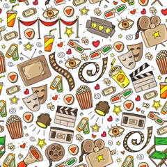 Cinema seamless pattern with vector icons for wrapping paper, posters, backgrounds, tickets.