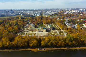 Aerial view of the beautiful royal palace in Warsaw. Poland. 19. October. 2019. Royal Palace in Warsaw. Autumn sunny day.