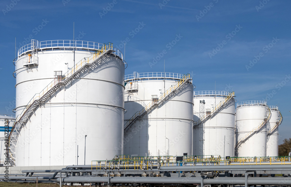 Wall mural oil storage tanks and pipes at the oil terminal