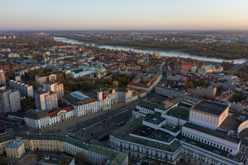 Obraz premium Warsaw, Poland city and old city at sunrise, aerial view.