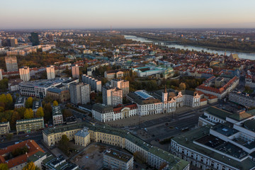 Fototapeta na wymiar Panorama of the old city of Warsaw. Poland. Aerial view of the cityscape of the old city at sunrise. 