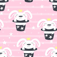 Hand drawn vector pattern with magic hat with rabbit bunny. vector illustration