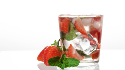Strawberry Drink with mint and ice on white background